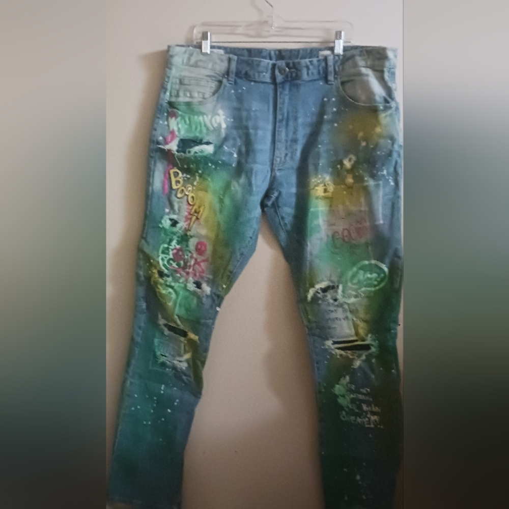 Smoke Rise Stylish Blue and Green Design Pattern Men's Jeans 40/34 A-43